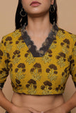 Yellow And Grey Handblock Printed Ajrakh Creative V Neck Blouse