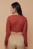 Maroon Handblock Printed Cotton  Full Sleeves Sweatheart Neck Blouse