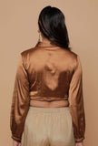 Brown Satin Puffed Sleeve Shirt Blouse