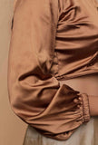 Brown Satin Puffed Sleeve Shirt Blouse