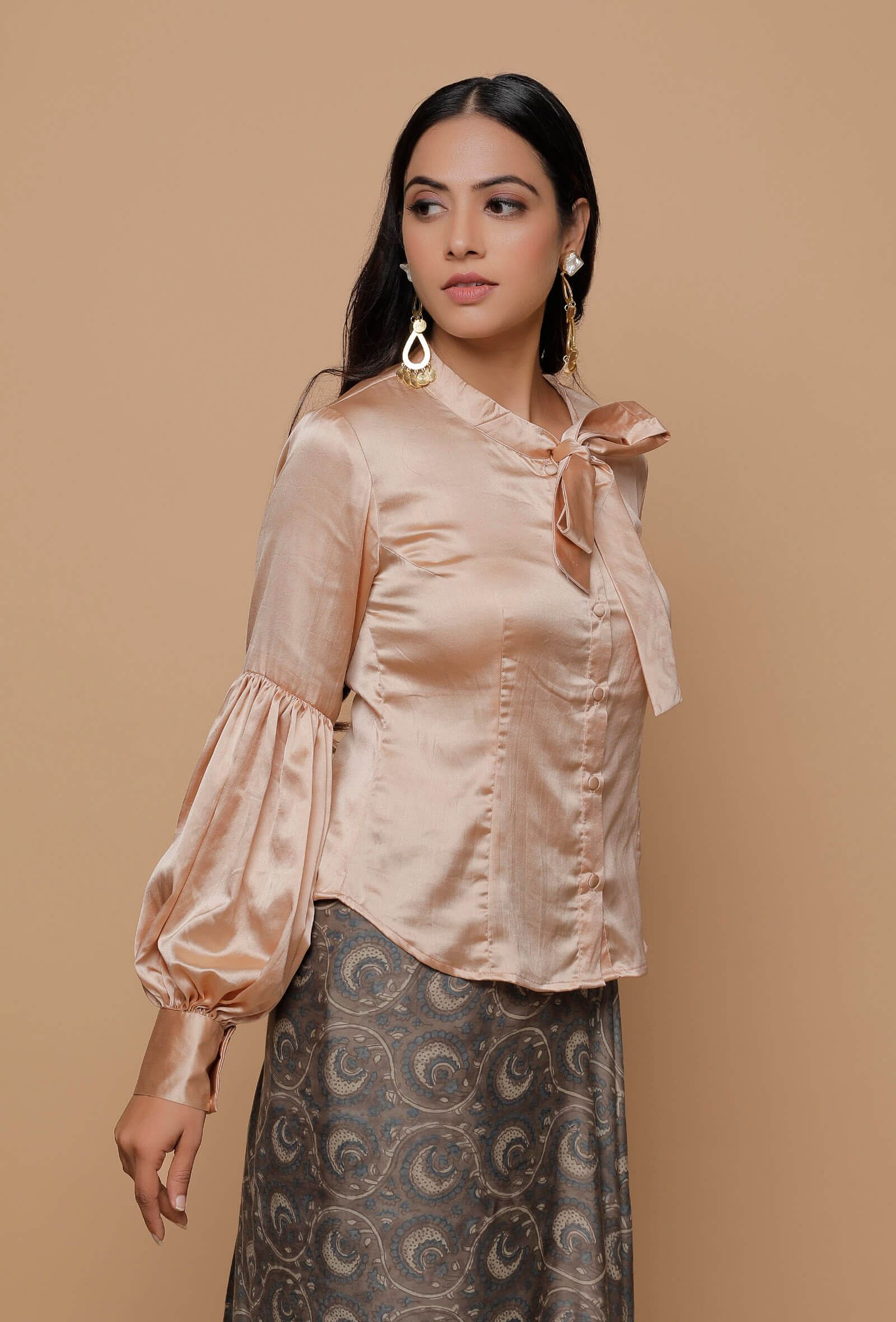 Beige Organza Silk Sheer Puffed Sleeve Blouse – TJORI