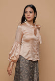 Beige Organza Silk Sheer Puffed Sleeve Blouse