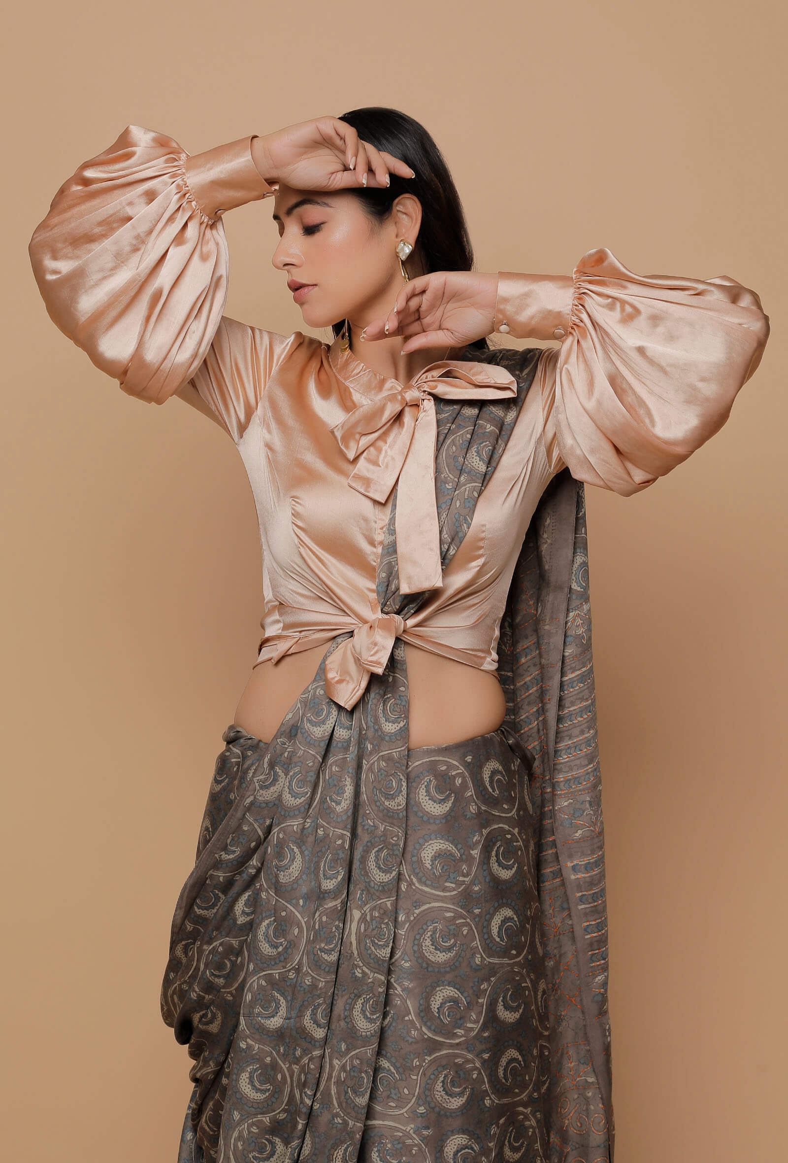 Beige Organza Silk Sheer Puffed Sleeve Blouse – TJORI