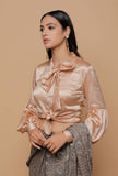 Beige Organza Silk Sheer Puffed Sleeve Blouse