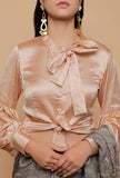 Beige Organza Silk Sheer Puffed Sleeve Blouse