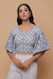 Grey And White Handblock Print Cotton V Neck Kaaftan Blouse