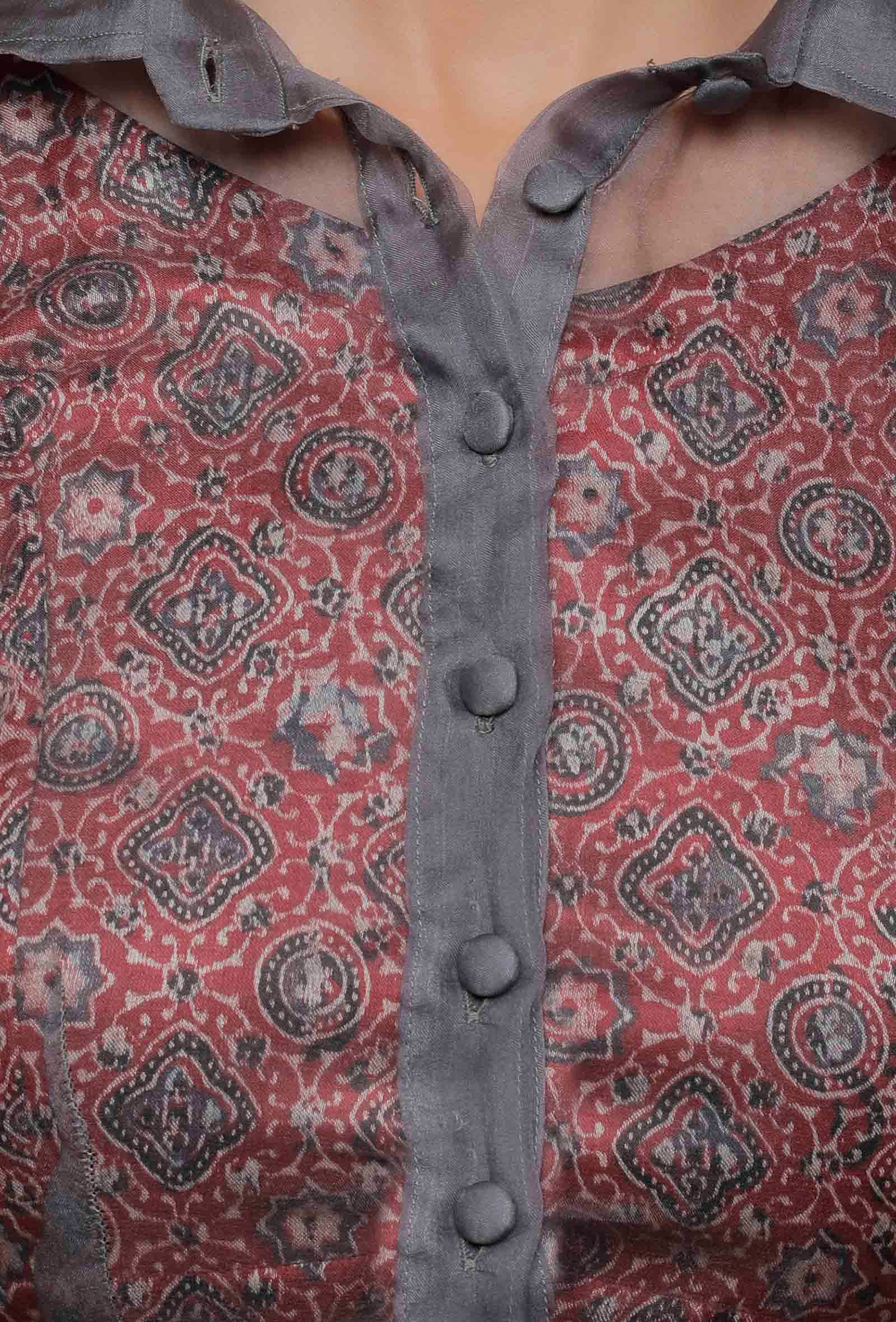 Set of 2 - Grey Organza Silk Shirt Collar Puffed Sleeve Blouse With Maroon Mashru Ajrakh Spagette Strap