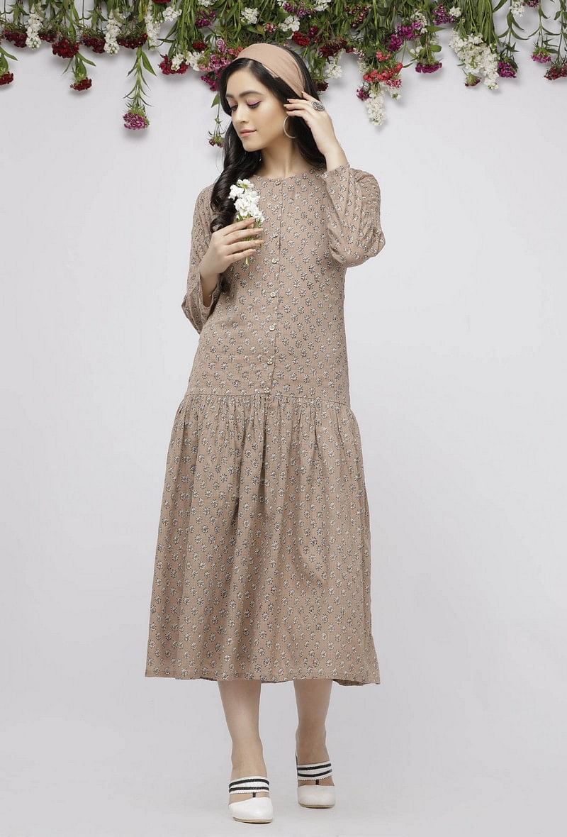 Beige Pleated Kota Hand-Block Printed Dress