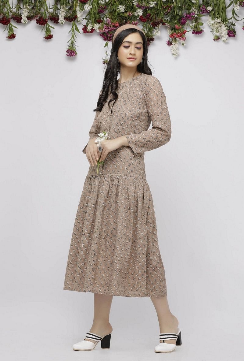 Beige Pleated Kota Hand-Block Printed Dress