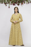 Yellow Long Gathered Hand-Block Printed Cotton Kurta