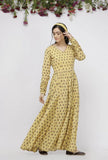 Yellow Long Gathered Hand-Block Printed Cotton Kurta