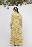 Yellow Long Gathered Hand-Block Printed Cotton Kurta