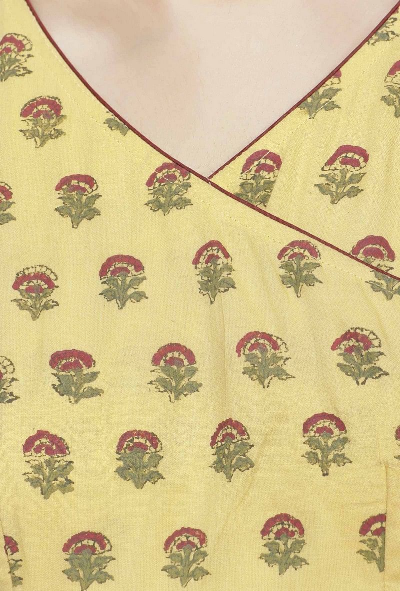Set of 2 : Yellow Gathered Cotton Hand-Block Printed Kurta and Kota  Boho Cape
