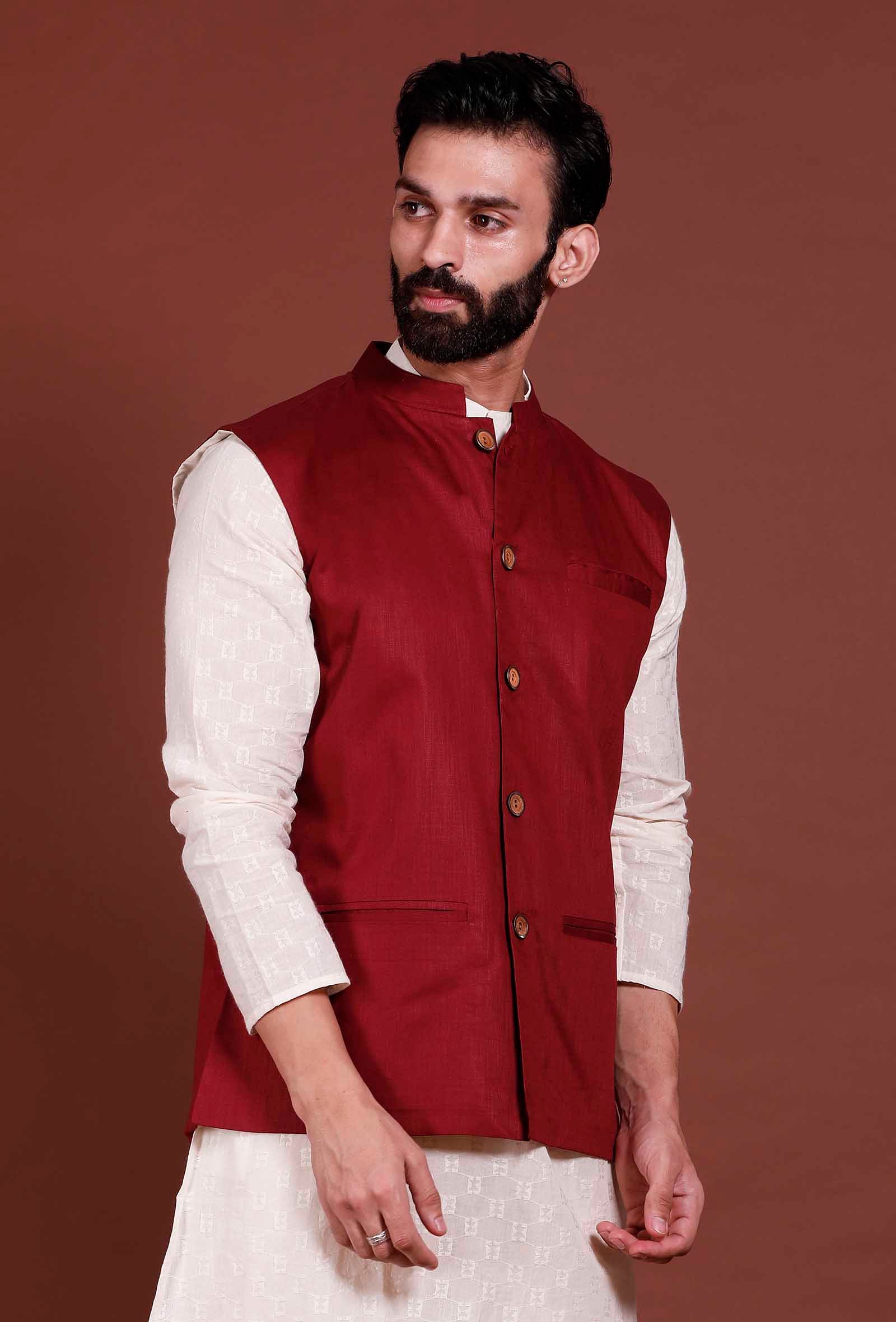 Dark Red Cotton Nehru Jacket