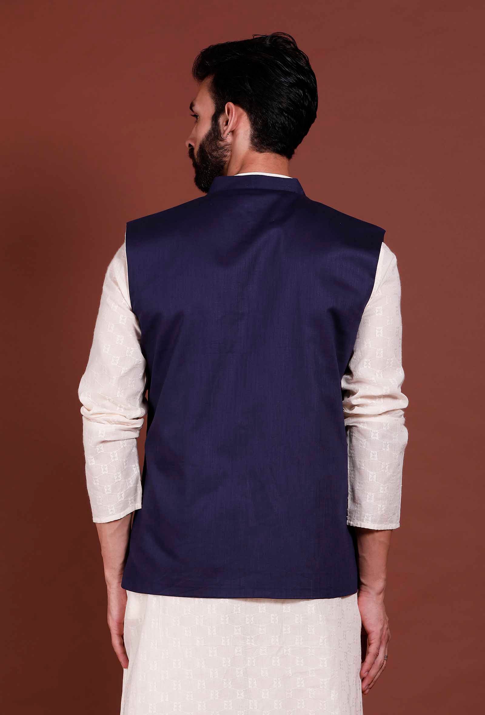 Blue Cotton Nehru Jacket TJORI