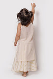 Set of 3 - Gold White Malmal Slip With Gold Stripes Skirt and Dupatta