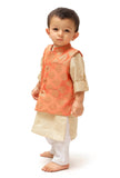 Set Of 3: Tangerine Orange Brocade Nehru Jacket And Cotton Silk Kurta Pyjama