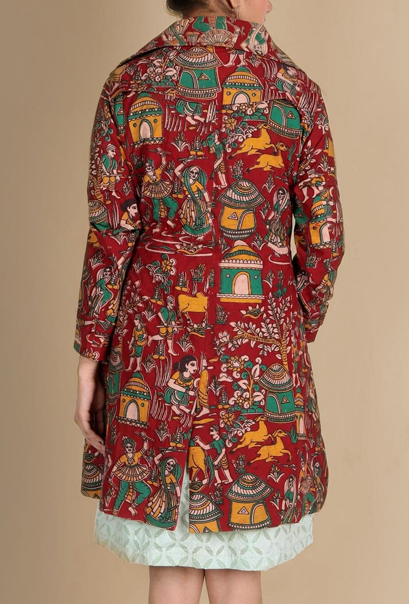 Deep Red Kalamkari Trench Coat With Wooden Buttons