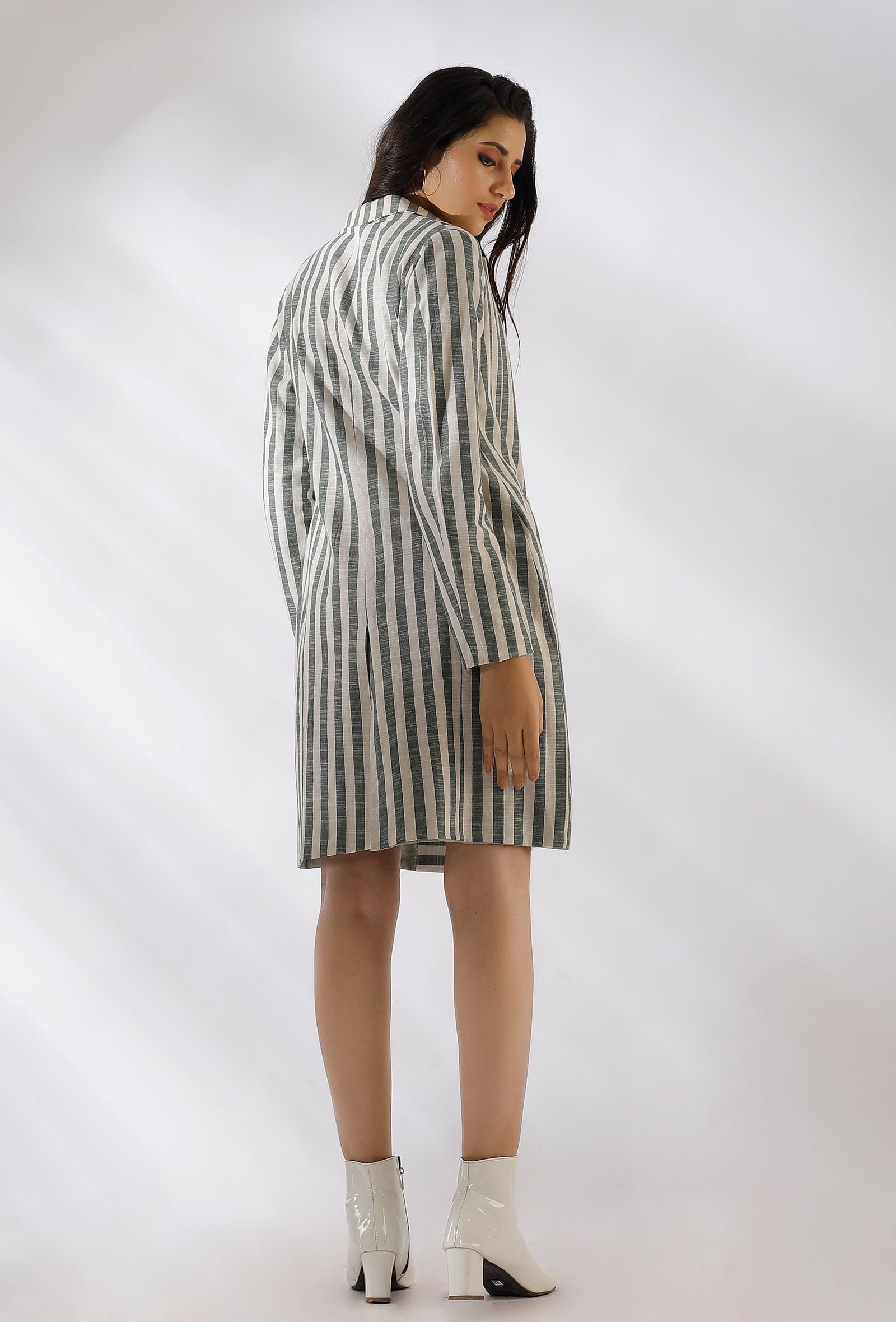 Madilyn Green Striped Pure Woven Cotton Trench Coat