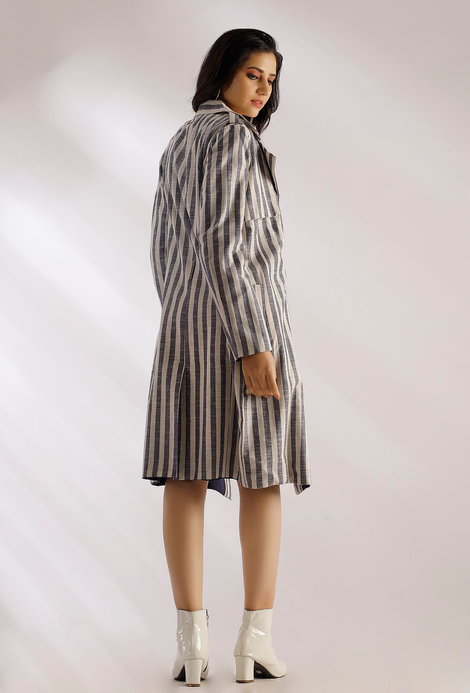 Natalie Black Striped Pure Woven Cotton Trench Coat