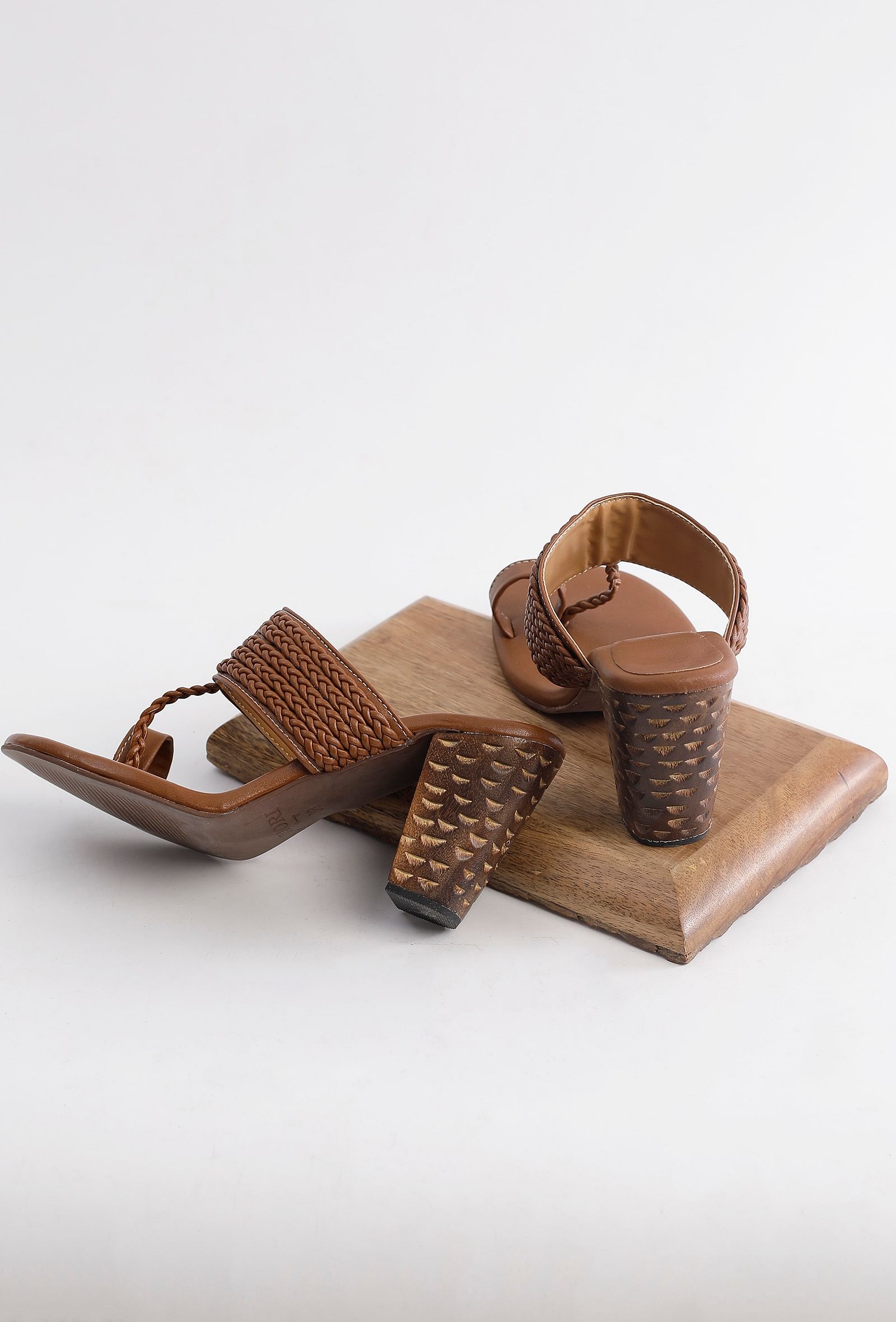 Laine Brown Braided Kolhapuri Carved Heels â TJORI