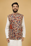 White and Red Kalamkari Cotton Nehru Jacket