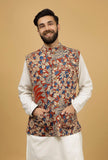 White and Red Kalamkari Cotton Nehru Jacket