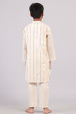 Set Of 2: White Cotton Golden Stripes Kurta Pyjama Set
