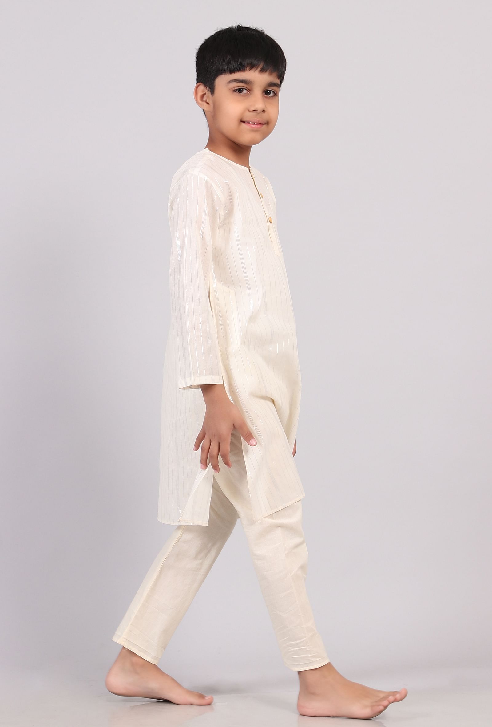 Set Of 2: White Silver Cotton Stripes Kurta Pyjama Set