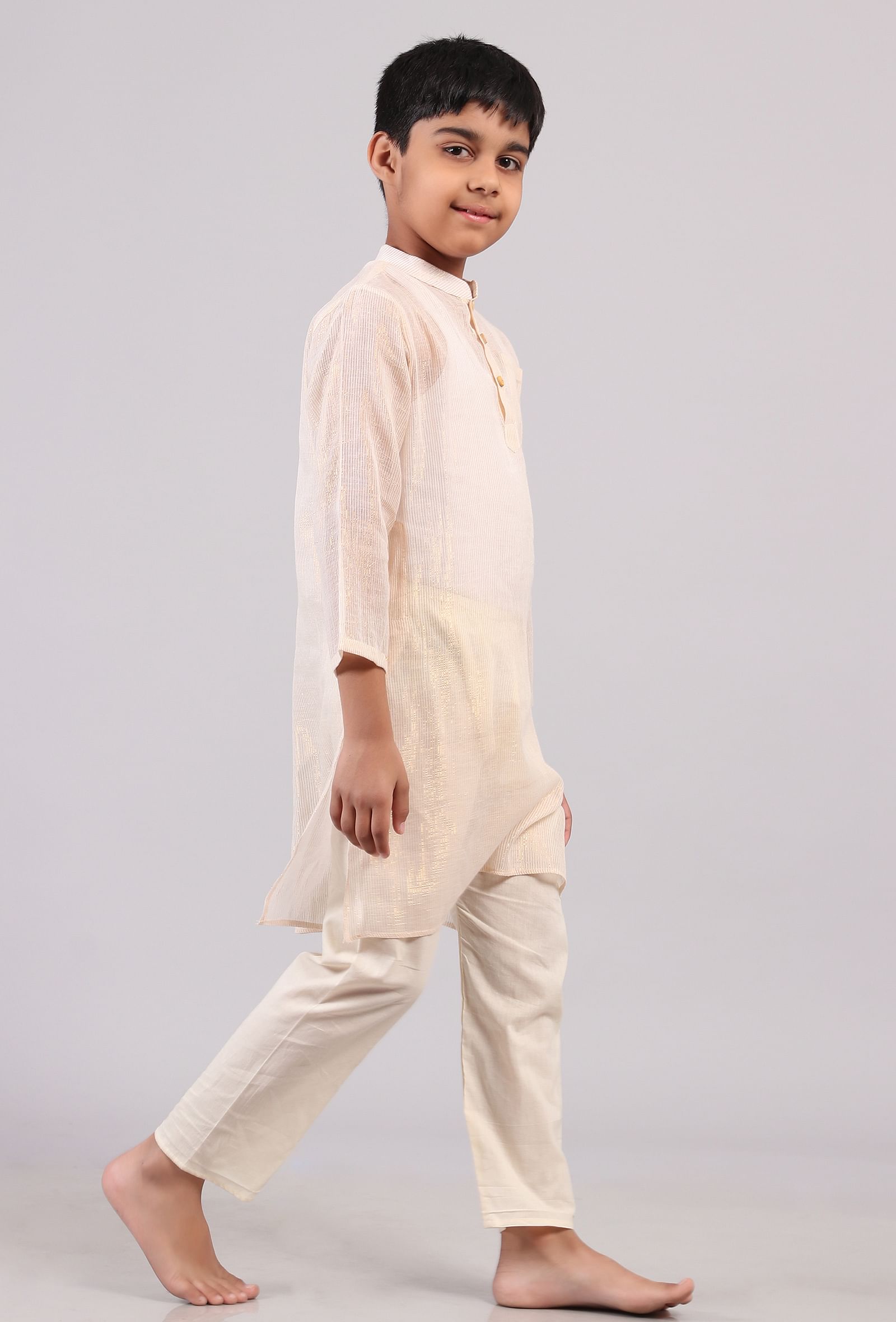 Set Of 2: Plain White Silver Cotton Stripes Kurta Pyjama Set