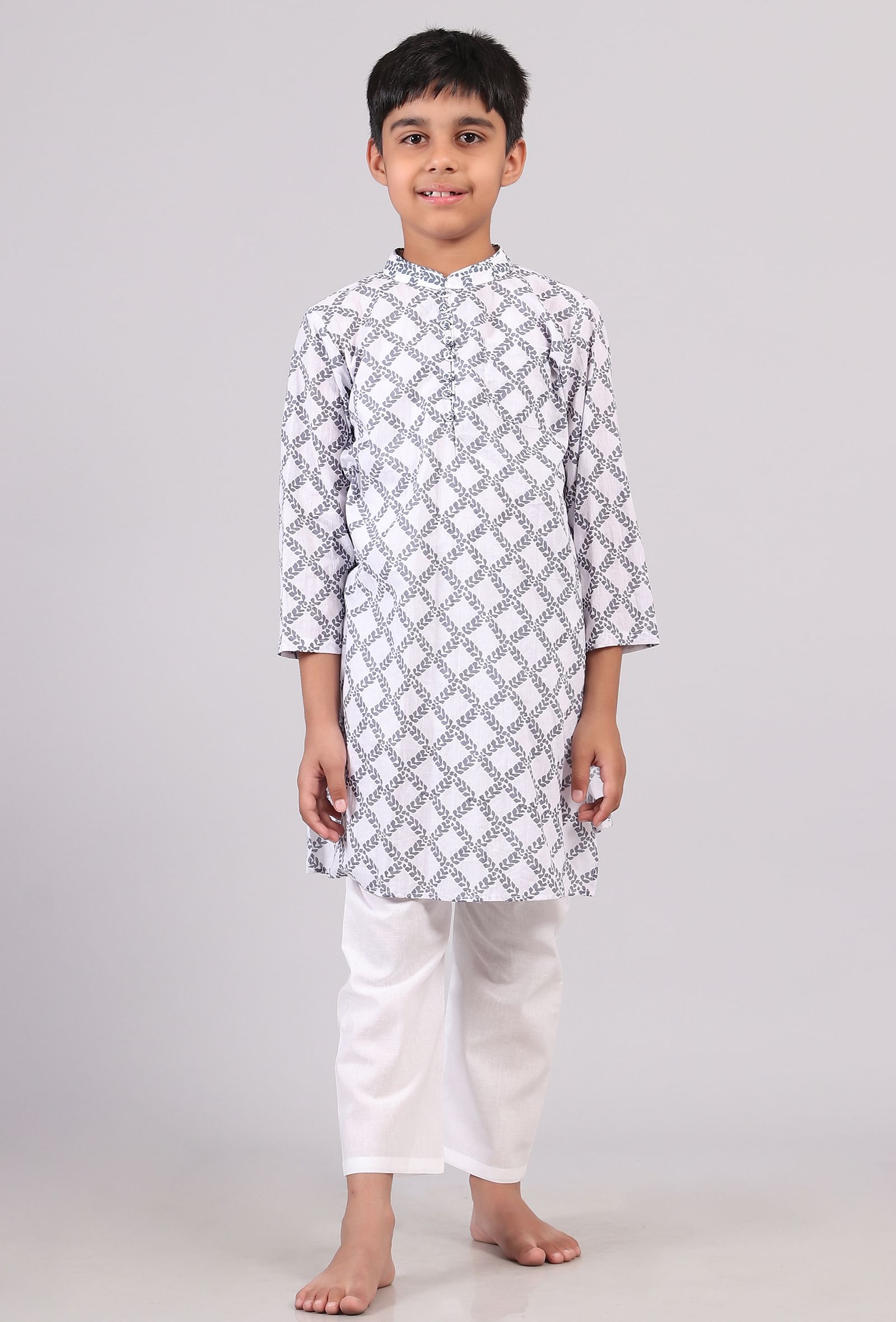 Set of 2: White and Blue Hand Block Print Kurta Pyjama Set