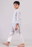 Set of 2: White and Blue Hand Block Print Kurta Pyjama Set