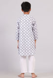 Set of 2: White and Blue Hand Block Print Kurta Pyjama Set