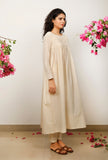 Set of 2: Beige Gathered flared Cotton embroidery detailing Kurta with Beige Cotton straight Pants