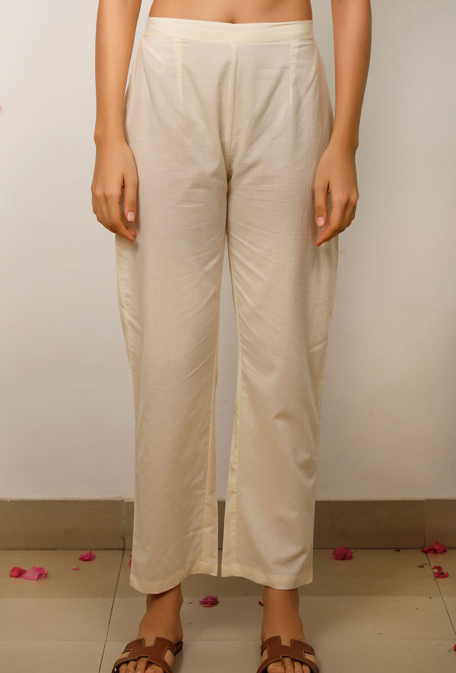 Set of 2: Beige Gathered flared Cotton embroidery detailing Kurta with Beige Cotton straight Pants