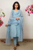 Set of 3: Blue sleeveless Gathered Cotton Kurta with Blue Kota Dupatta and Blue Cotton straight Pants