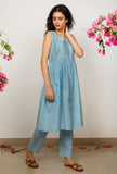 Set of 3: Blue sleeveless Gathered Cotton Kurta with Blue Kota Dupatta and Blue Cotton straight Pants