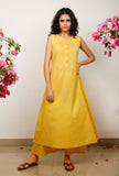 Set of 3: Yellow Solid flared sleeveless Cotton Kurta with Kota Dupatta and Solid Cotton Pants