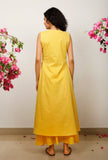 Set of 3: Yellow Solid flared sleeveless Cotton Kurta with Kota Dupatta and Solid Cotton Pants