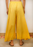 Set of 3: Yellow Solid flared sleeveless Cotton Kurta with Kota Dupatta and Solid Cotton Pants