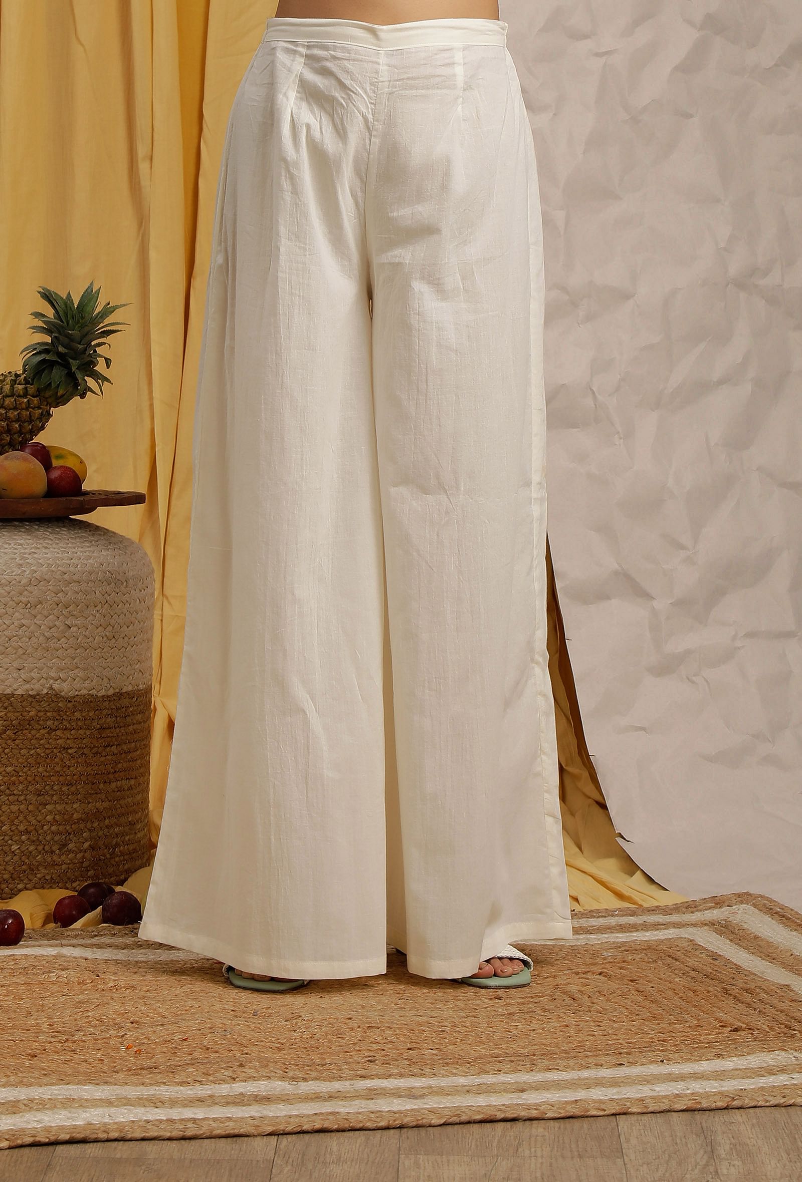 Women's White Silk Dress Shirt, White Wide Leg Pants, Light Blue Leather  Pumps, White Leather Crossbody Bag | Lookastic
