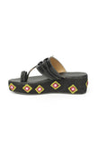 Black Yellow Kutch Work Cruelty Free Leather Wedges