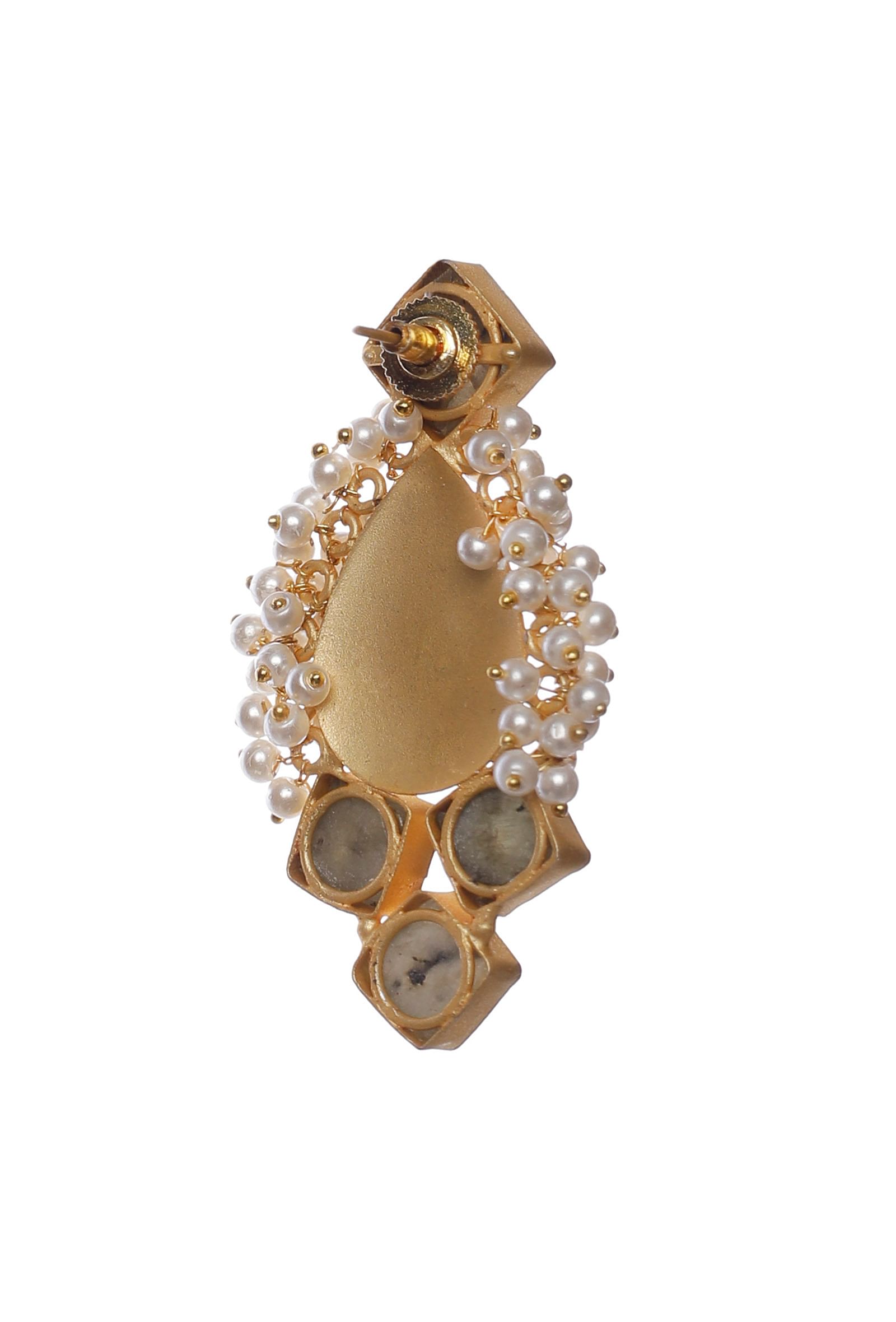 Teal Gold Stone Pearl Earrings