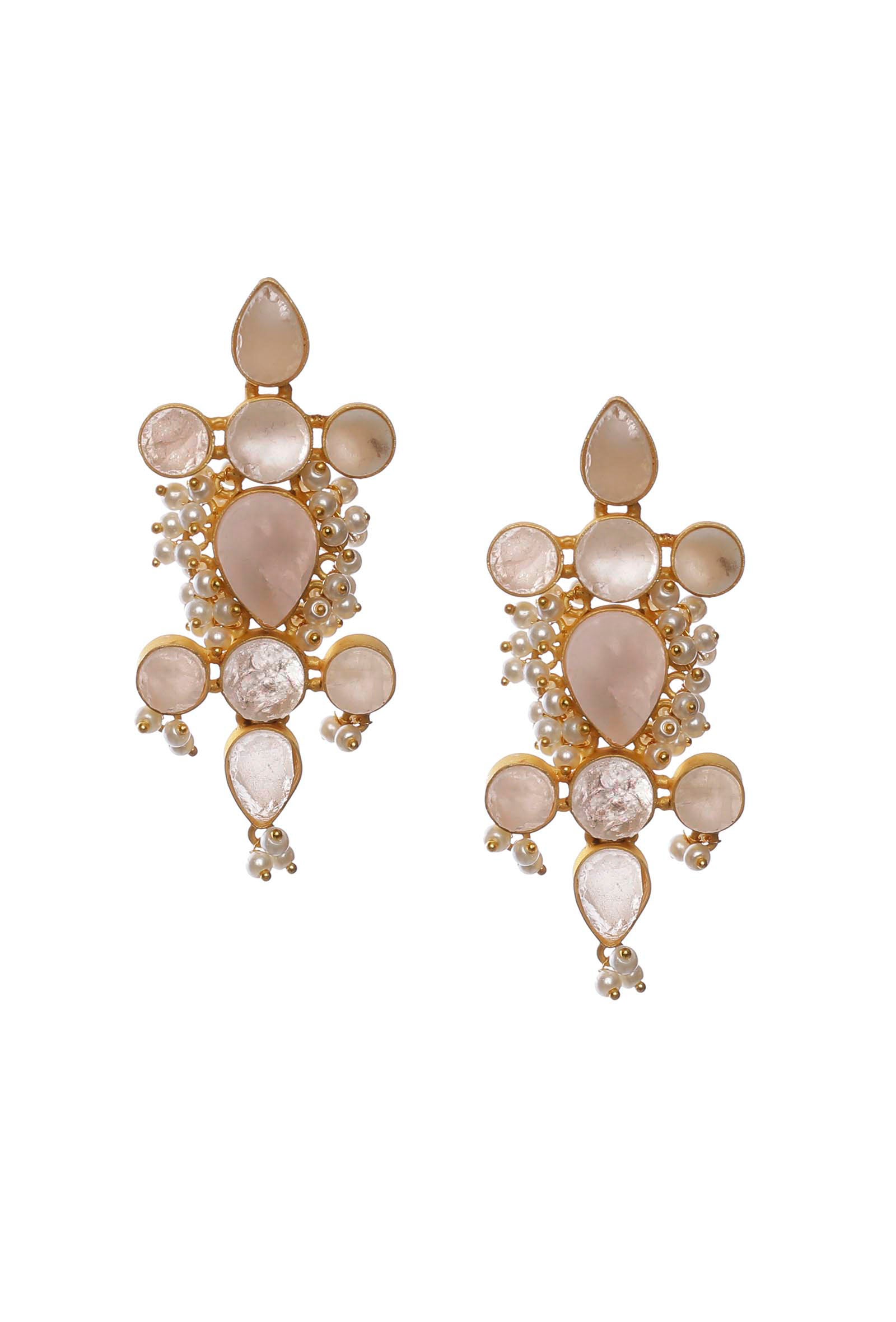 Gold Stone Sea Green Pearl Earrings