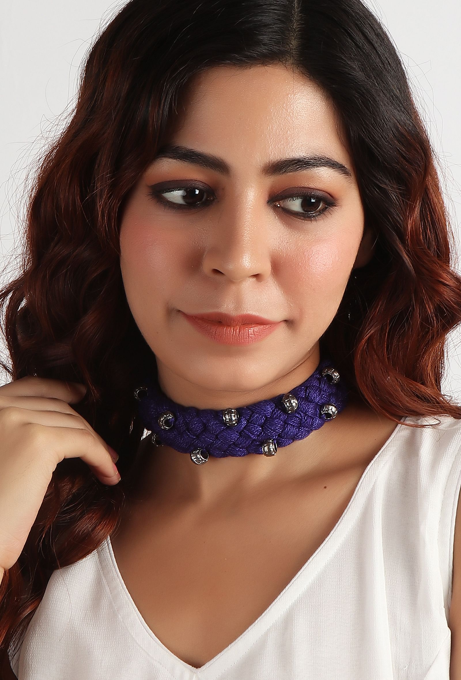 Violet Thread & German Silver Tribal Choker With Beads