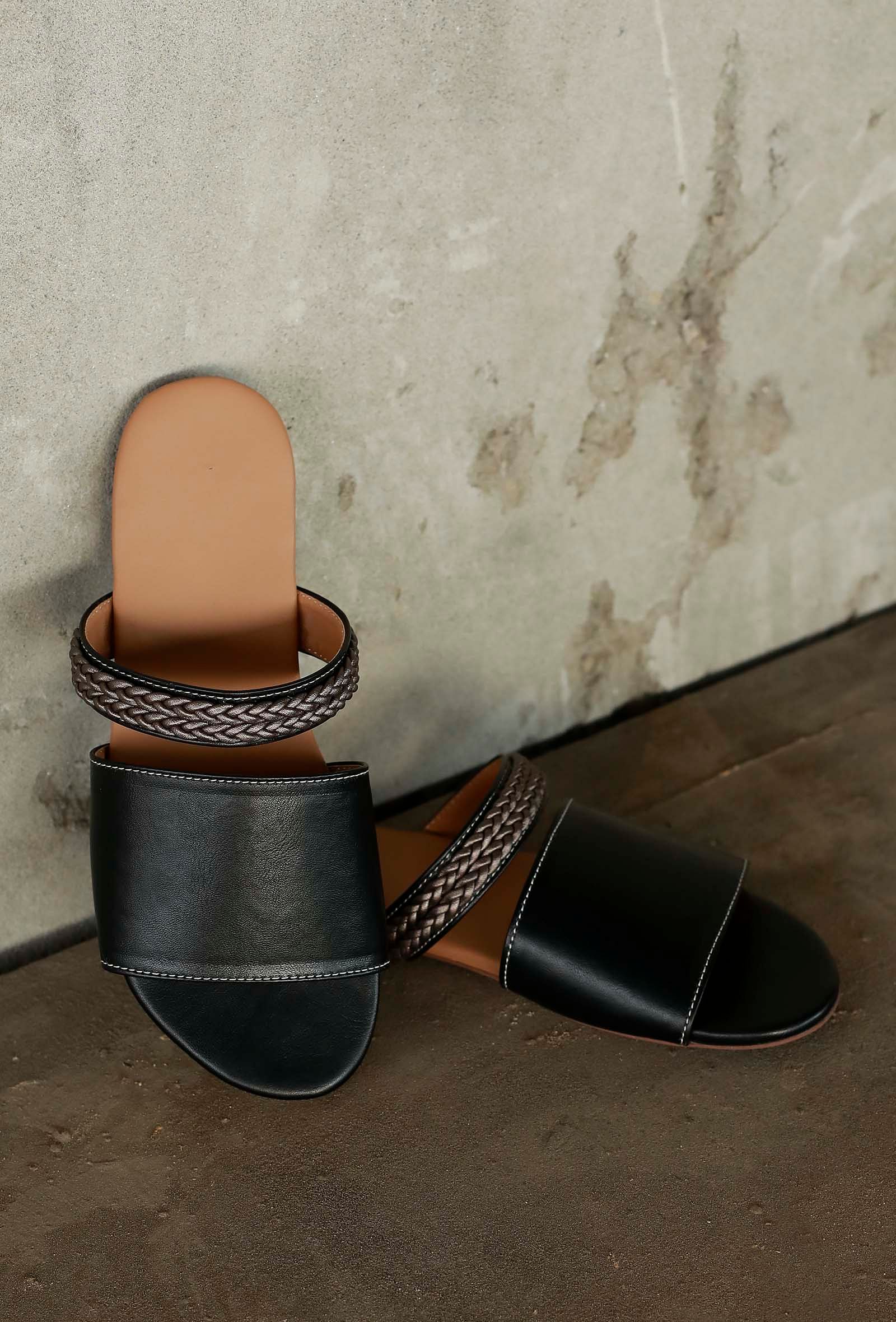 Onyx Black Braided Cruelty Free Leather Sliders