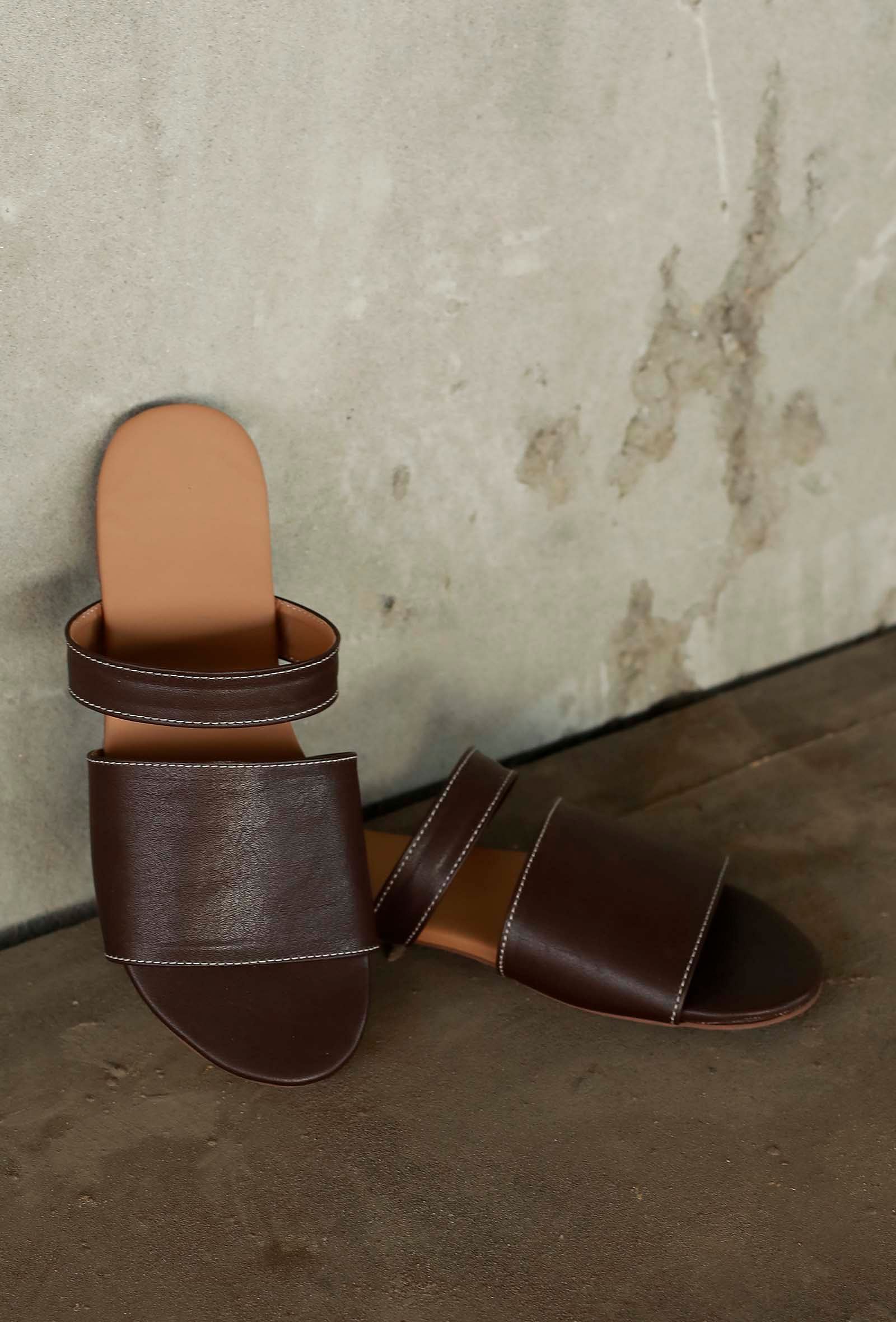 Brunette Brown Cruelty Free Leather Sliders