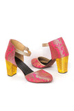 Yellow and Pink Brocade Block Heels
