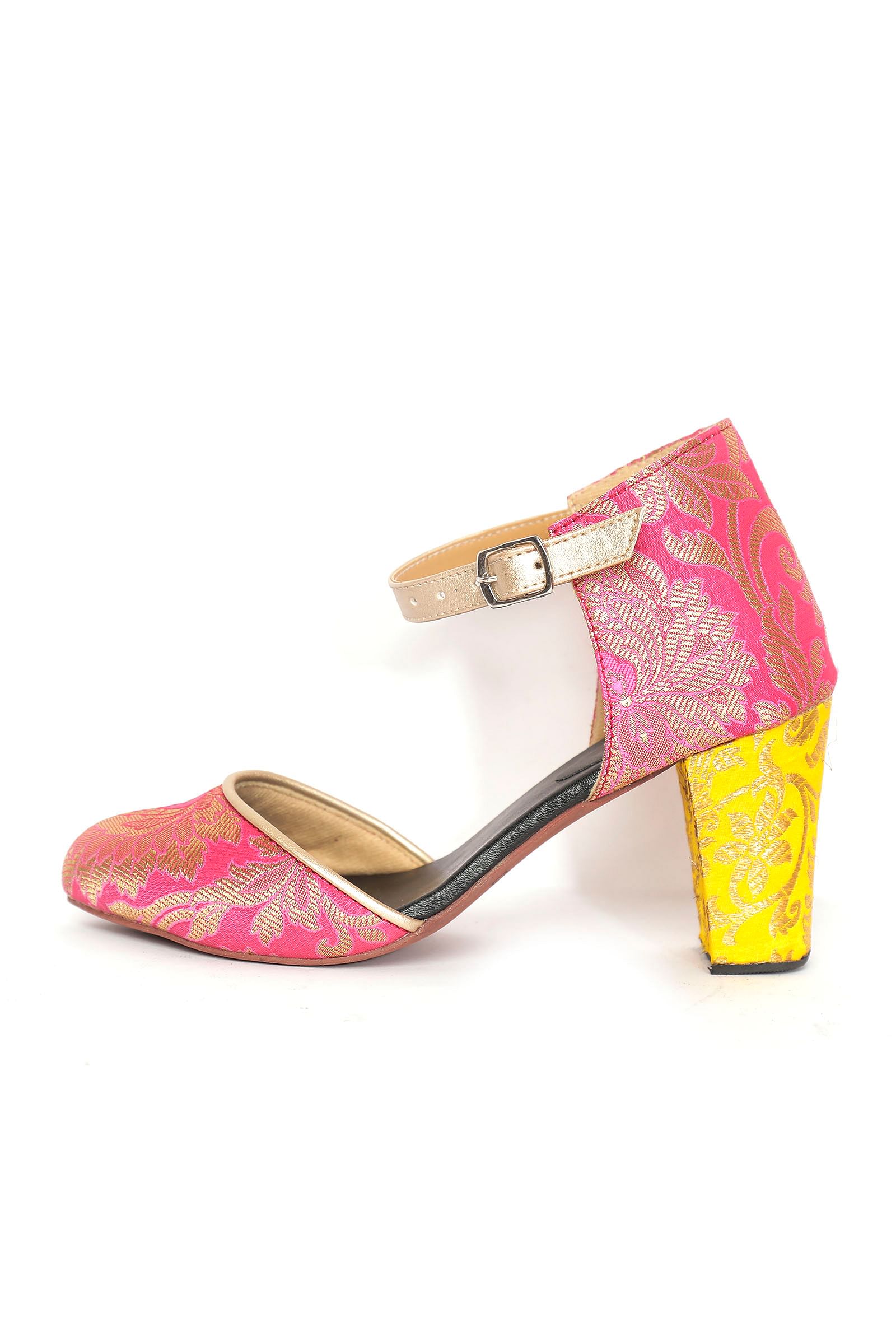 Yellow and Pink Brocade Block Heels
