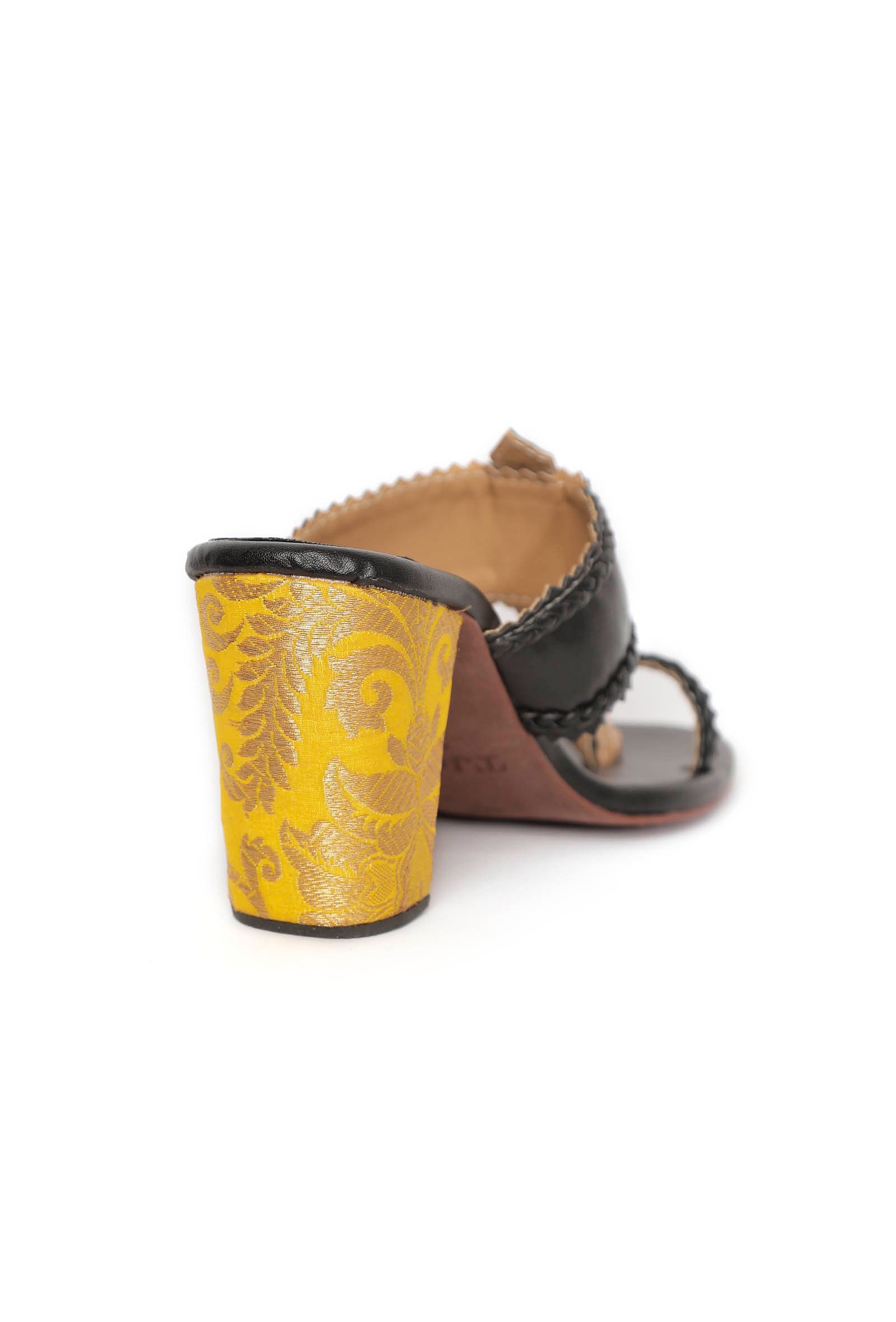 Charcoal Black with Yellow Brocade Kolhapuri Inspired Heels